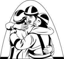 A glyph style illustration of workers giving a team hug vector