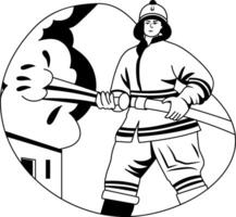 Glyph style illustration of a firefighter holding a water pipe vector