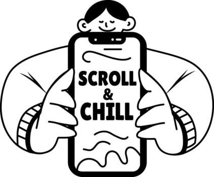 A glyph sticker of a character doing scrolling on a mobile vector