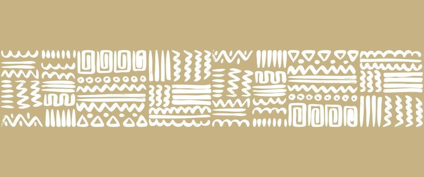 Hand drawn tribal geometric pattern with white symbols on a brownish earth tone background. This ethnic style design features abstract lines, zigzags, triangles, and dots. vector