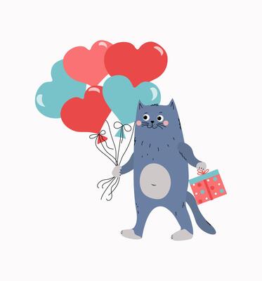 Cartoon cat with gift box and heart shape balloons. Happy kitten. Holiday card design for wedding, birthday, Valentine's Day. illustration.