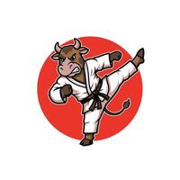 Logo design of a bull performing a karate kick on a red circular backdrop vector
