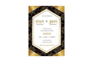 vertical wedding invitation cards set with black and gold leaves on dark background. Luxury exotic botanical design for wedding ceremony. vector