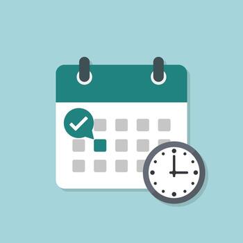 Calendar with clock and check mark, calendar flat icon illustration. Tick mark deadline, highlight date, event calendar reminder, business meeting schedule, appointment done, agenda planner. vector