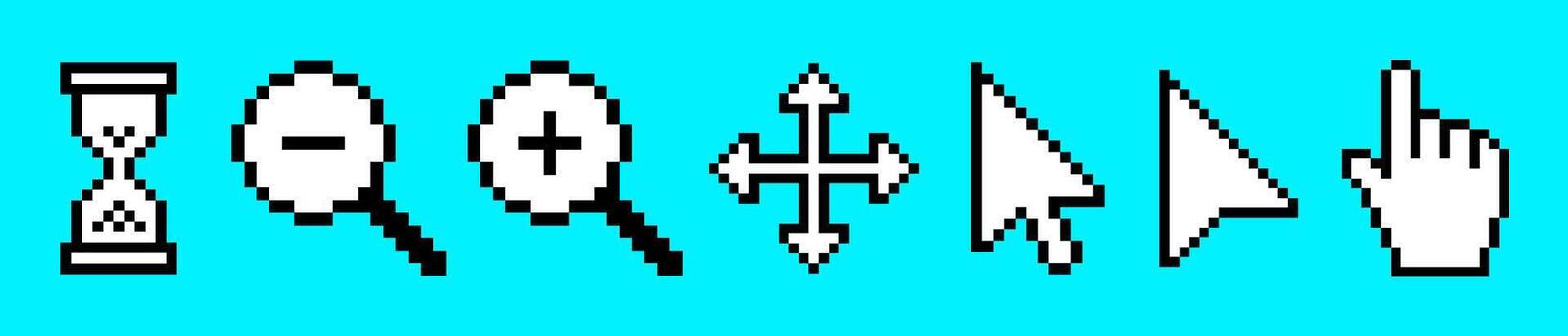 Pixel click cursor icon set, click pointer arrow, computer mouse click cursor collection, pixel art cursor, hand click, magnifier, hourglass. Pixelated click icon in 8 bit style, illustration. vector