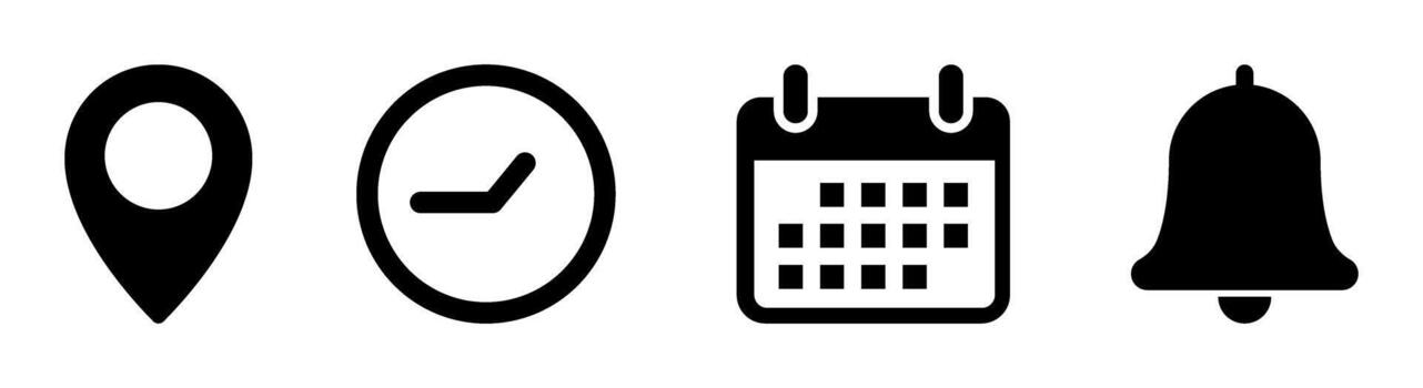 Date, time, address and notification bell icon set. business calendar schedule reminder clock sign and symbols, place pointer map event time elements isolated on transparent . illustration vector