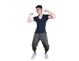 young man dressed casually poses happily sitting while showing off his arm muscles. png