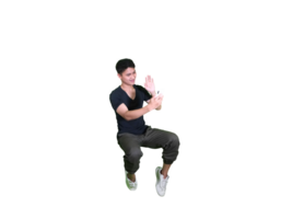 Expressive Pose of a Stylish Young Man Sitting in White Studio Setting png