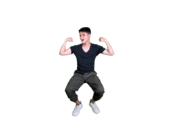 A young man dressed casually poses happily sitting while showing off his arm muscles. png