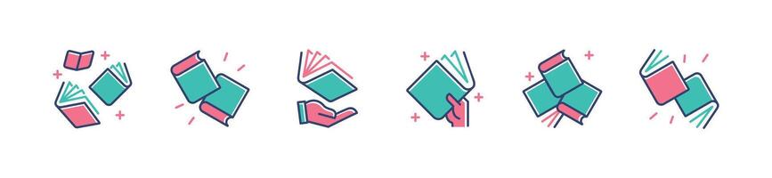 hand holding magical shining book icon set education library book dictionary study learning journal literature signs illustration for web and app vector