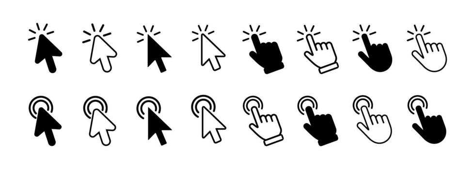 hacer clic cursor íconos colocar, mano cursor icono, computadora ratón hacer clic cursor flecha icono recopilación, puntero cursor y señalando icono, cargando mano hacer clic íconos ilustración. vector