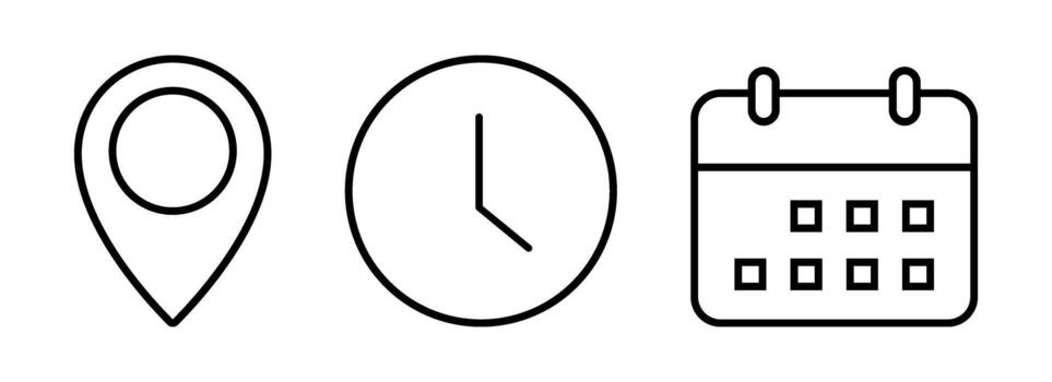 Time, date, and address linear icon. Set of event calendar reminder clock business schedule signs, location pin symbol, place pointer time elements isolated on transparent . illustration. vector