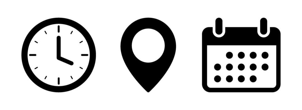 Time, date, and address icon set. Event calendar reminder clock business schedule sign, location pin, place pointer, watch time elements, travel, booking concept, transparent , illustration. vector