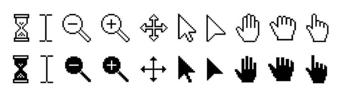 Pixel click cursor icon set, collection of different computer cursor black icons, hand click, hourglass, magnifier, zoom in and out icon, pixelated technology silhouette, vector
