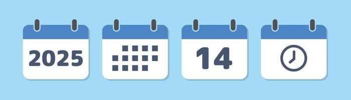 Calendar icon with time and date in a flat design. Year, date, clock signs on calendar, event calendar reminder, deadline, schedule template, agenda planner symbol, number 14, illustration. vector