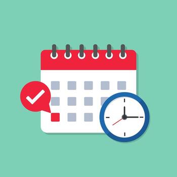 Calendar with clock and check mark, calendar flat icon with tick mark, deadline, highlight date, event calendar reminder, business meeting schedule, appointment done, agenda planner. vector