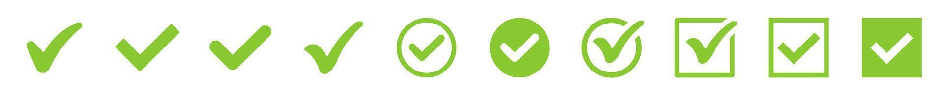 Green Check mark icons illustration. Approved, yes, confirm, done, vote, accept, tick, select, check box, and questionnaire green check mark button set isolated on white background vector