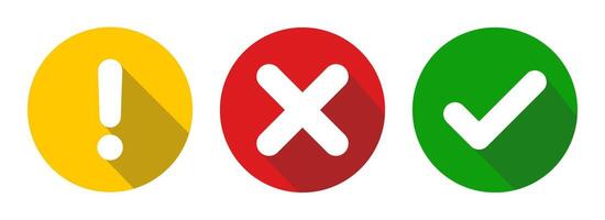 check mark, exclamation point, cross, x mark icons set flat rounded style with long shadow effect, green tick mark, red cross, yellow exclamation signs isolated white background. illustration vector