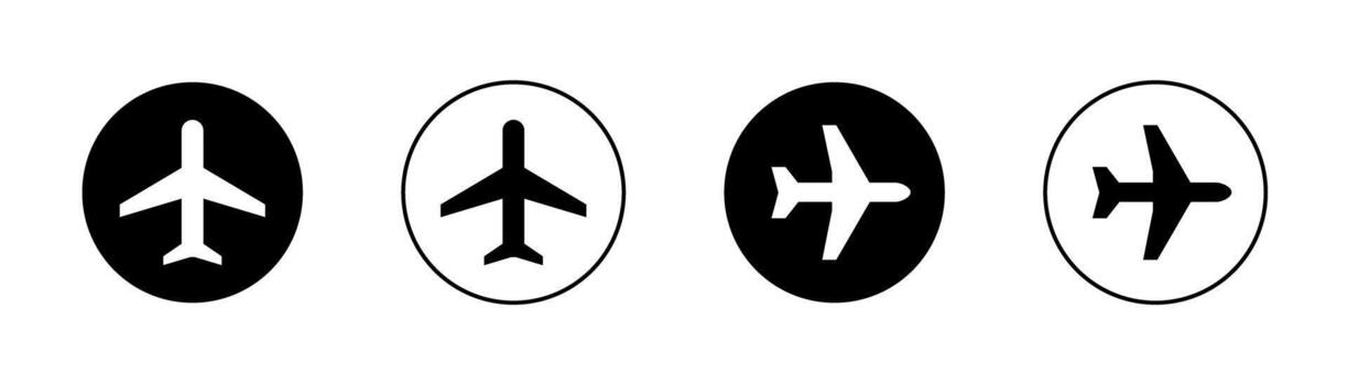 Airplane mode icon in round shape. Plane icon set, airplane symbol black and white circle round shape, Flight mode sign, travel flat icon isolated on a transparent background, illustration. vector