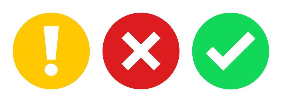 check mark icon, set of green tick mark, exclamation point, red cross, x mark, flat style right, wrong and bang sign in circle shape. checkbox button isolated white background, illustration. vector
