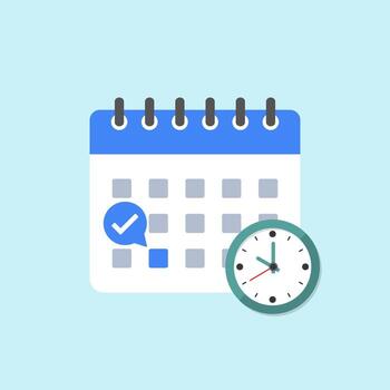 Calendar with clock and check mark, calendar flat icon with tick mark deadline, highlight date, event calendar reminder, business meeting schedule, appointment done, agenda planner. vector
