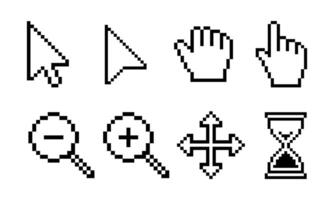 Pixel click cursor icon set, different computer cursors, hand click, hourglass, magnifier, zoom in and out, moving, waiting, working, press symbol, pixelated technology concept. vector