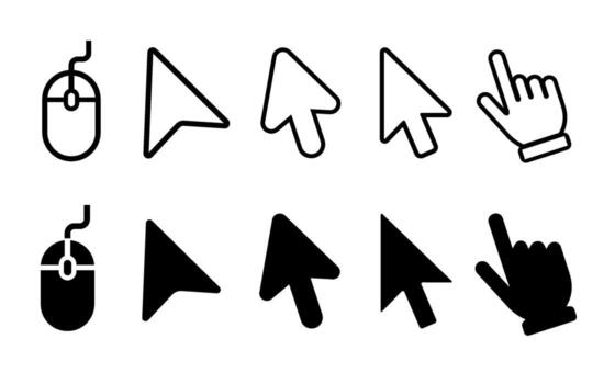 Click cursor icons set, hand cursor icon, computer mouse icon click cursor arrow collection, pointer cursor and pointing icon, loading hand click mouse icons isolated on white background vector