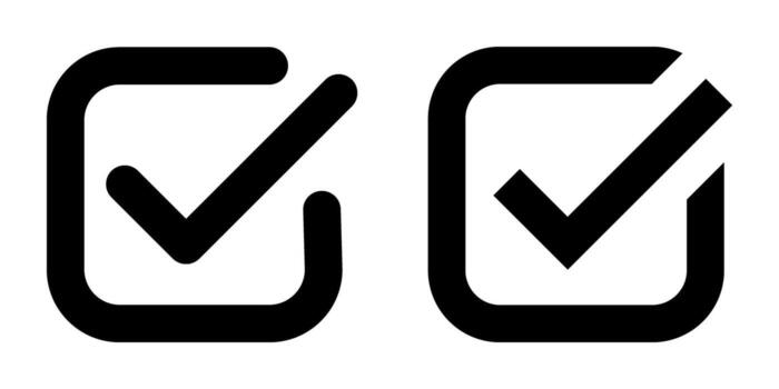 Check mark icon, set of flat check marks in square shape, right and wrong symbol black outline, checkmark button isolated on white background vector