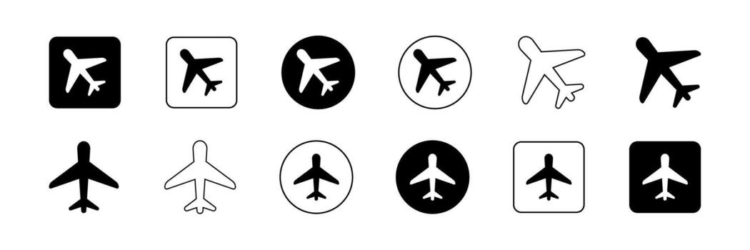 Plane icon set. Airplane flat icon pack. Flight transport symbol in different shape styles. Airplane or aircraft black and white icons in circle, and square round shapes. Airplane mode icon. vector
