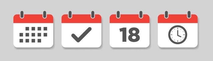 Calendar deadline icon with time, date, and check in a flat design. Date, checked, and watch on calendar, deadline template, agenda calendar reminder, approved mark, number 18, schedule sign . vector