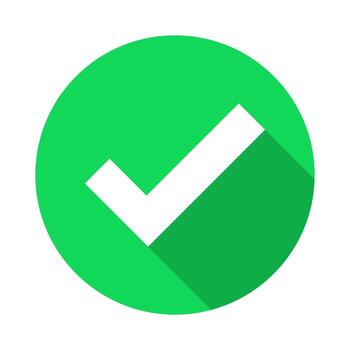 Green check mark icon with circle shape and long shadow effect, approved symbol, flat tick sign, or checkbox sign illustration, Correct vote choice isolated symbol vector