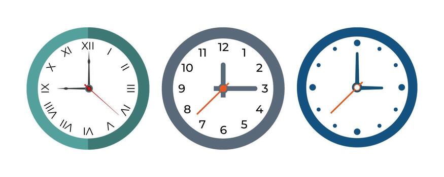 Clock flat icon. Wall clock faces, timer clock, watch faces designs for web, app, and creative projects on transparent background, office clock business concept pictogram. vector