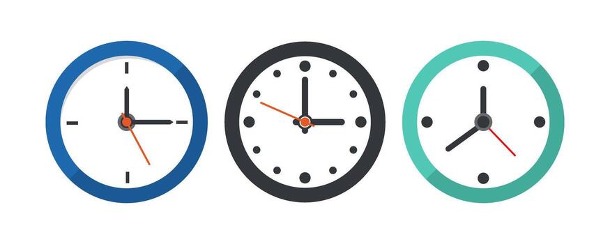 Clock flat icon. Wall clock faces, timer clock, watch faces designs for web, app, and creative projects isolated on transparent background, office clock business concept pictogram. vector