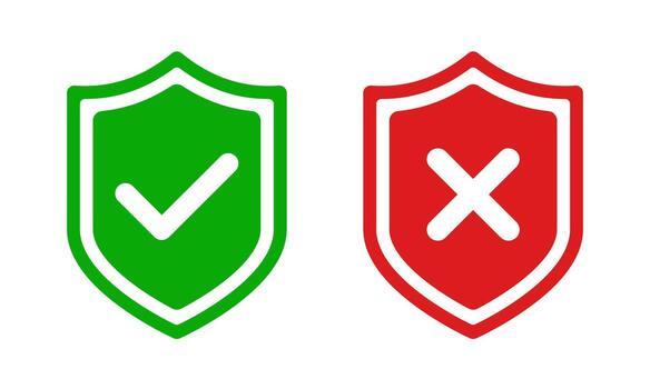 Green and red shield icon with rounded check mark, and cross sign, ok tick symbol, x cross isolated symbol illustration, defense symbol. Approved, rejected, or yes, and no checkmark buttons vector