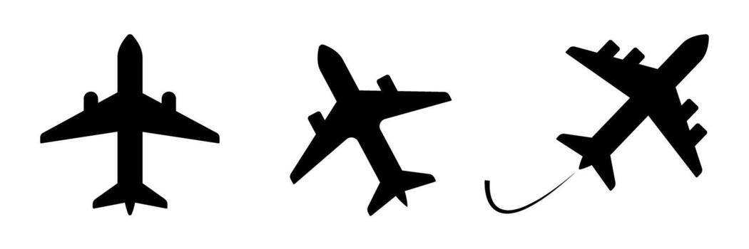 Simple flat black plane icon set, airplane symbol isolated on a transparent background. Flight transport sign, plane icon for web, app, infographic design, and creative projects. vector