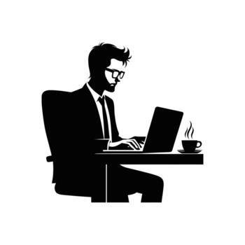 software desarrollador o programador codificación en un ordenador portátil con café. un enfocado hombre trabajando en el tecnología industria. silueta de un descifrador a trabajo vector