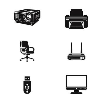 Office equipment and computer peripherals icon set. A collection of silhouettes including a printer projector monitor chair router and USB flash drive vector