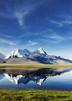 Majestic Snow Capped Mountains Reflected in a Calm Lake photo