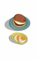 Delicious Dorayaki bread on a blue plate and boiled eggs in a bowl vector