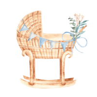 Baby Boy cradle from rattan with Bunting Party blue Flags and eucalyptus bouquet in Vintage style. Hand drawn Watercolor Crib illustration in eco style. Children's accessory for newborn greeting or png