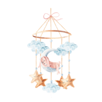 Watercolor baby cradle Mobile with cute pink rabbit sleeping on moon with clouds and stars. Hand drawn illustration in pastel colors of kids hanging toy. For greeting cards, gender reveal, its a girl png