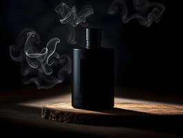 A black bottle of perfume on a wooden table photo