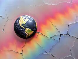 Earth on crack, rainbow background, 3d rendering photo