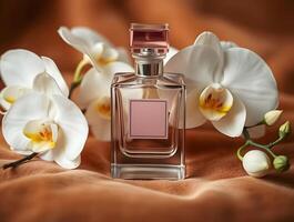 A perfume bottle with white flowers on a brown background photo