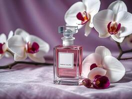 A bottle of perfume with white orchids photo