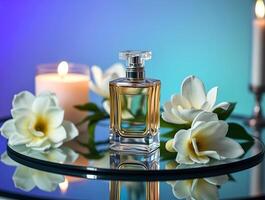 A perfume bottle and flowers on a table photo