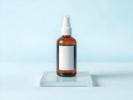 A bottle of essential oil on a clear stand photo