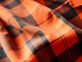 Orange and Black Plaid Fabric Texture CloseUp Detailed View of Woven Textile photo