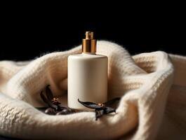 A bottle of perfume sitting on a blanket photo