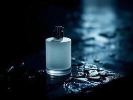 A white perfume bottle sitting on a wet surface photo